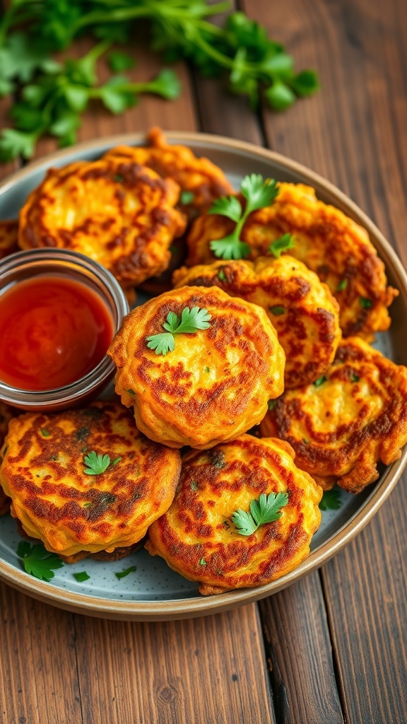 Crispy Vegetable Fritters Recipe Crispy vegetable fritters on a plate, garnished with herbs and served with dipping sauce.